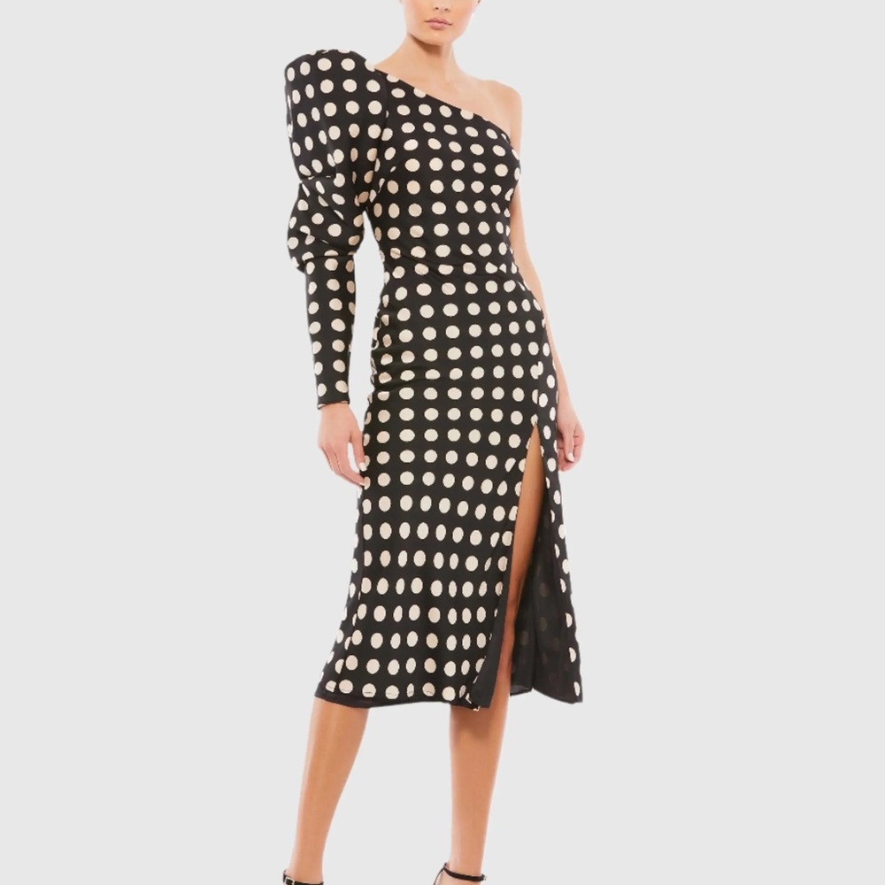 Mac DUGGAL Elegant Black and cream Polka Dot One-Shoulder Dress new size 4